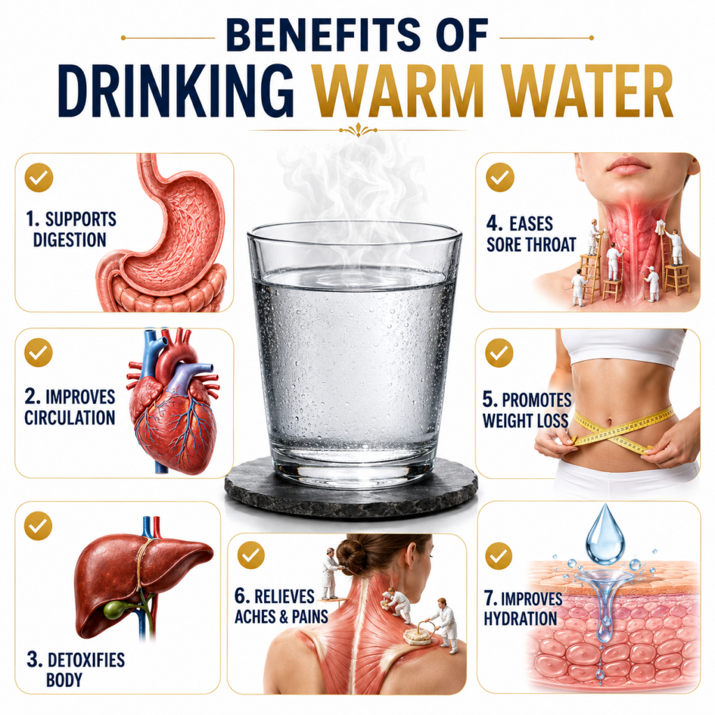 Infographic showing a glass of warm water surrounded by seven health benefits illustrations Each benefit is numbered and