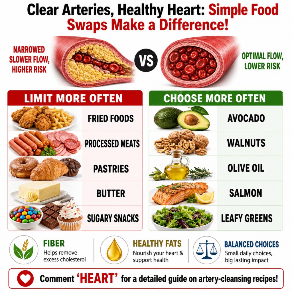 An infographic showing a comparison between a healthy artery with optimal blood flow and a narrowed artery with slower f