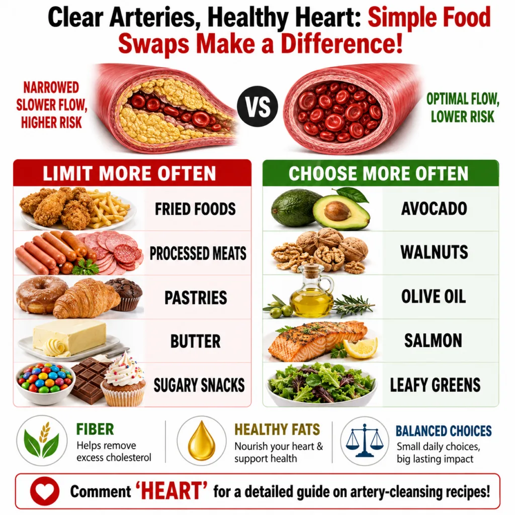 An infographic showing a comparison between a healthy artery with optimal blood flow and a narrowed artery with slower f