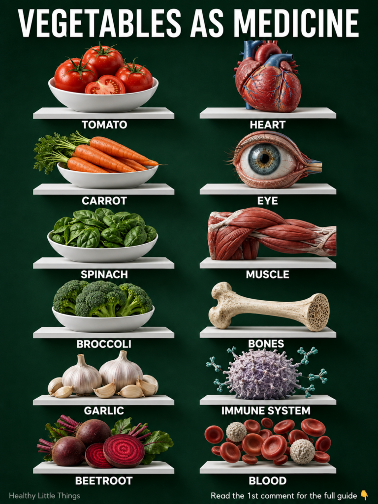 An infographic-style image displaying six different vegetables Tomato Carrot Spinach Broccoli Garlic Beetroot in white b