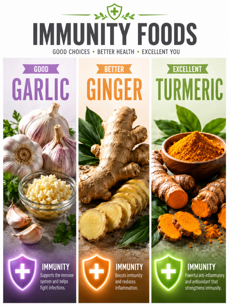 An infographic titled IMMUNITY FOODS ranking Garlic Good Ginger Better and Turmeric Excellent with images and descriptio