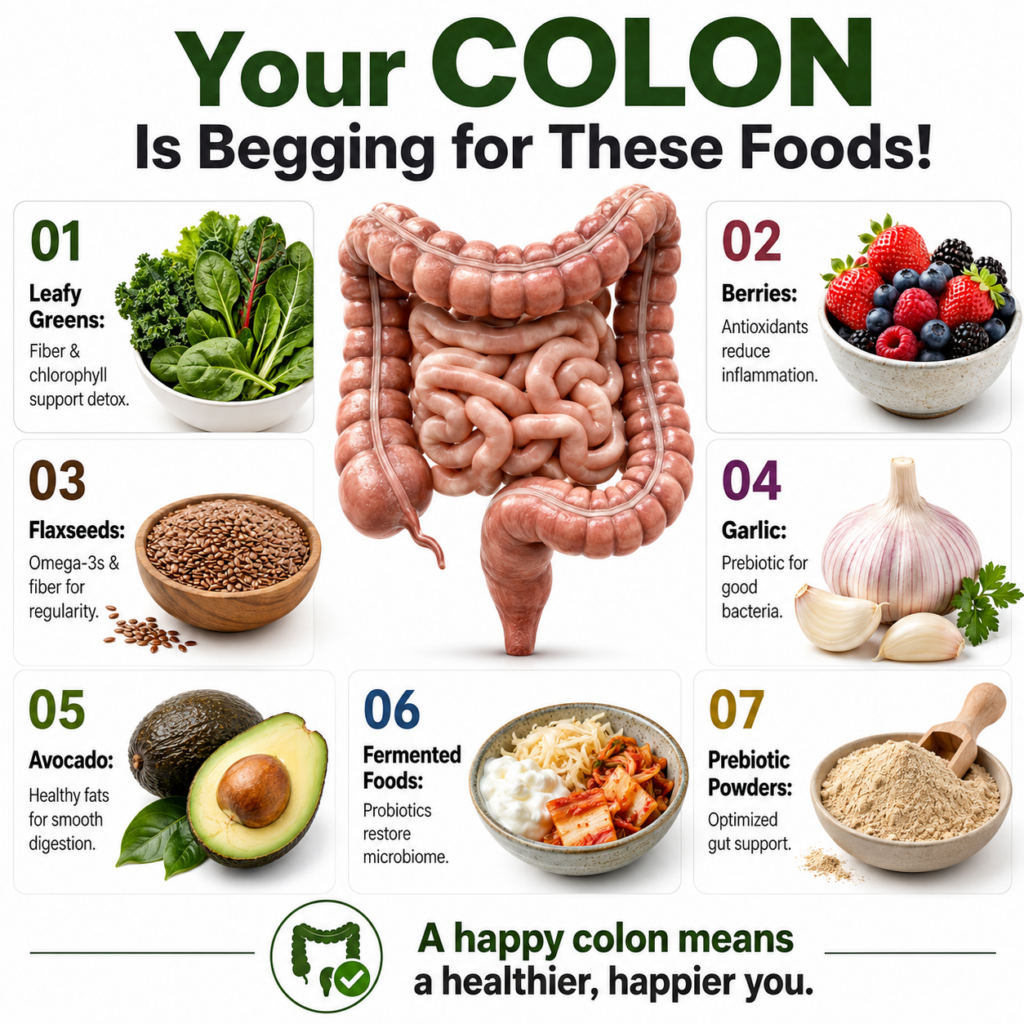 Infographic showing a human colon and small intestine surrounded by seven food items beneficial for digestion with numbe