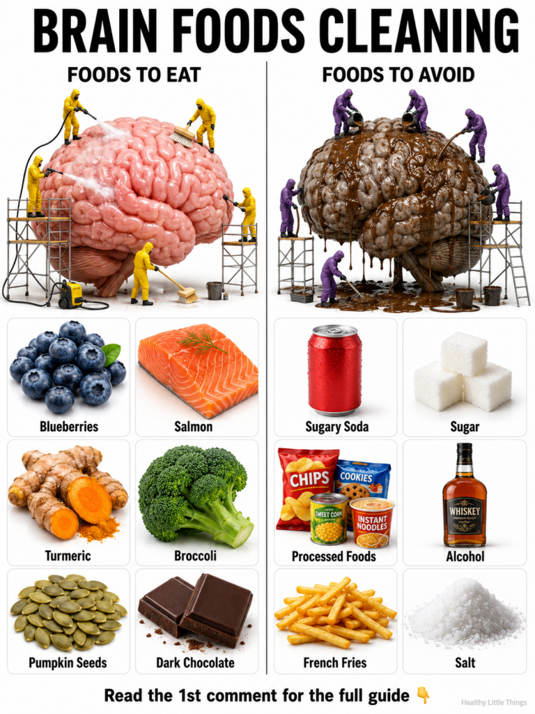An infographic depicting a healthy clean brain on the left being cleaned by small figures and surrounded by beneficial f