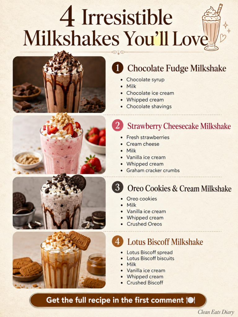 Four distinct beautifully presented milkshakes Chocolate Fudge Strawberry Cheesecake Oreo Cookies Cream and Lotus Biscof