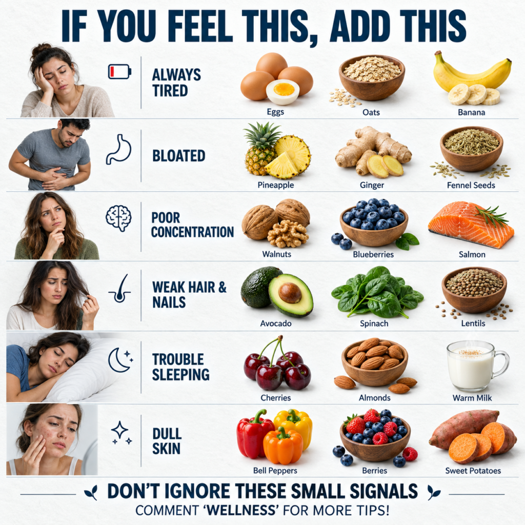 An infographic-style image showing six common body signals tiredness bloating poor concentration weak hair nails trouble