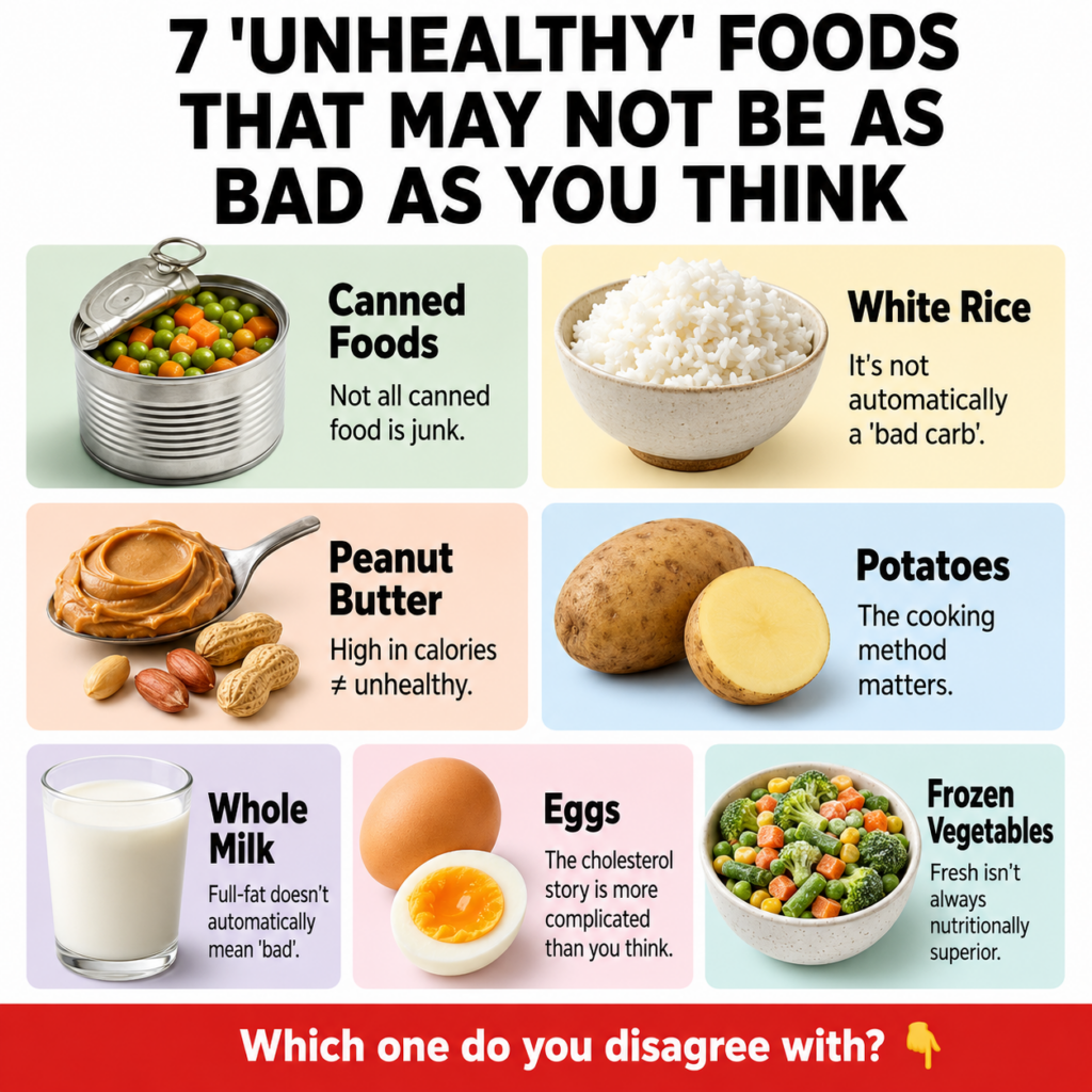 An infographic titled 7 UNHEALTHY FOODS THAT MAY NOT BE AS BAD AS YOU THINK showing individual blocks for Canned Peas Ca