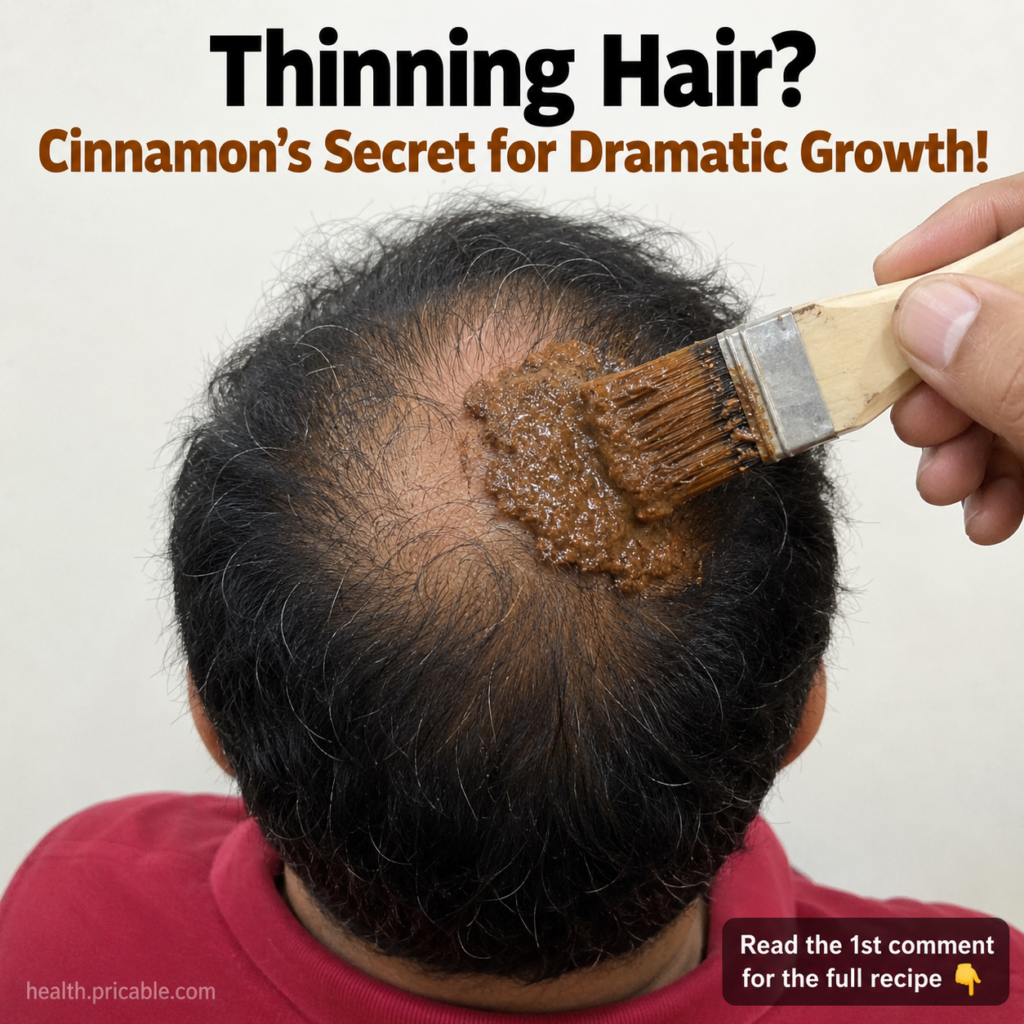 A hand applying a thick brown granular cinnamon paste to a scalp with thinning hair using a paintbrush