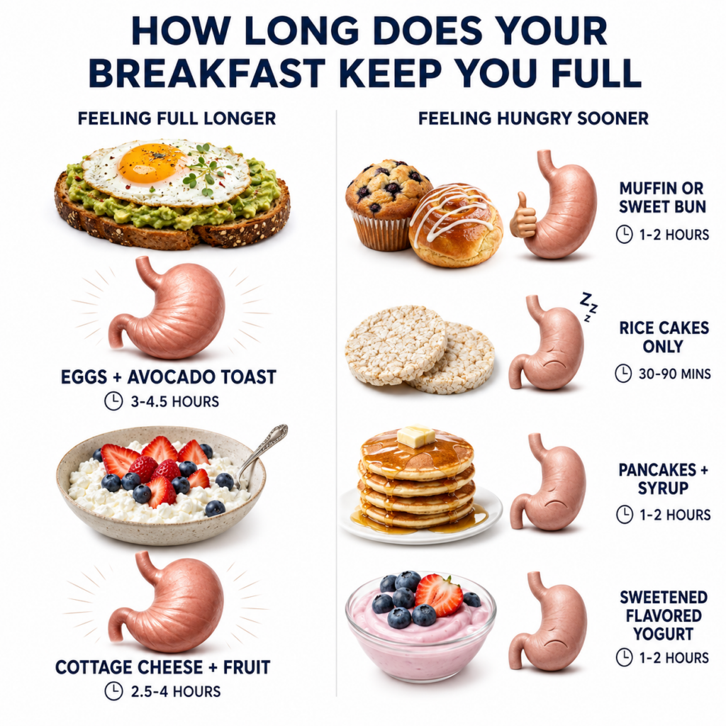 A visual comparison infographic showing breakfast foods that keep you full longer eggs avocado toast cottage cheese frui