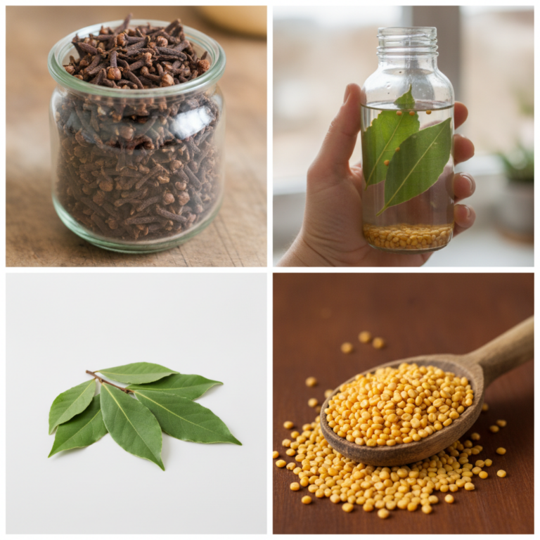 A four-panel collage featuring dried cloves a hand holding a glass bottle with infusing bay leaves and fenugreek seeds f