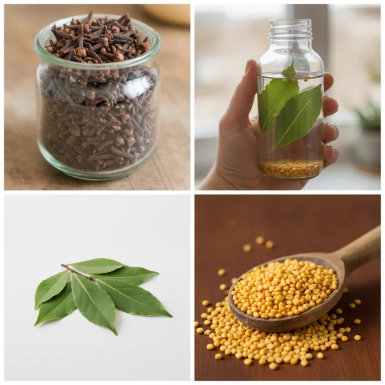 A four-panel collage featuring dried cloves a hand holding a glass bottle with infusing bay leaves and fenugreek seeds f