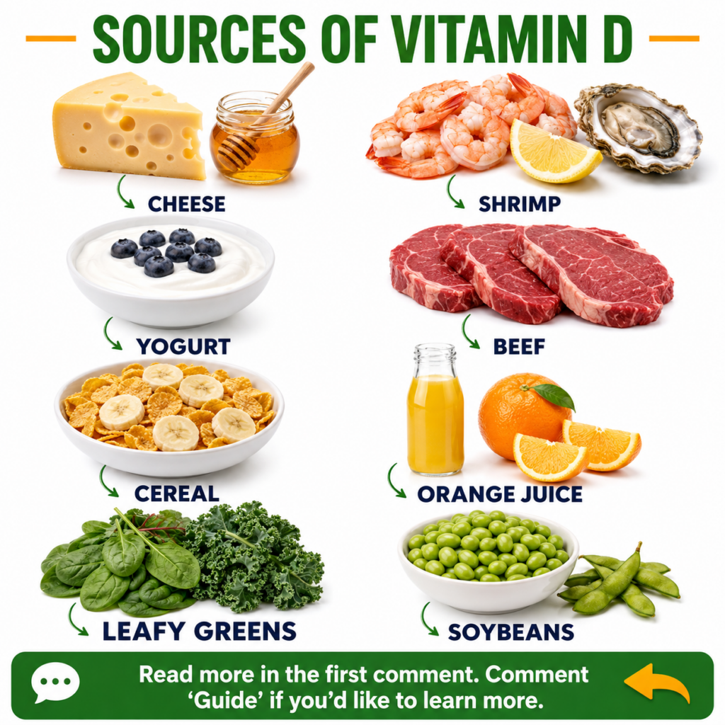 An infographic titled Sources of Vitamin D displaying a grid of eight food items These include cheese yogurt cereal shri