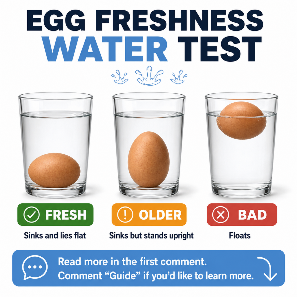 An instructional visual guide for the Egg Freshness Water Test showing three eggs in clear glasses of water demonstratin