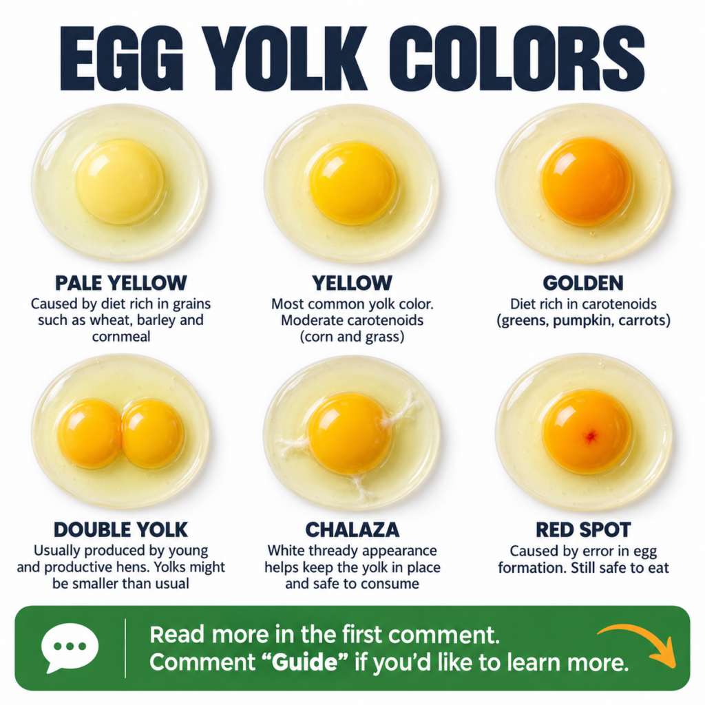 An infographic titled EGG YOLK COLORS showing six distinct raw egg yolks Pale Yellow Yellow Golden Double Yolk Chalaza R