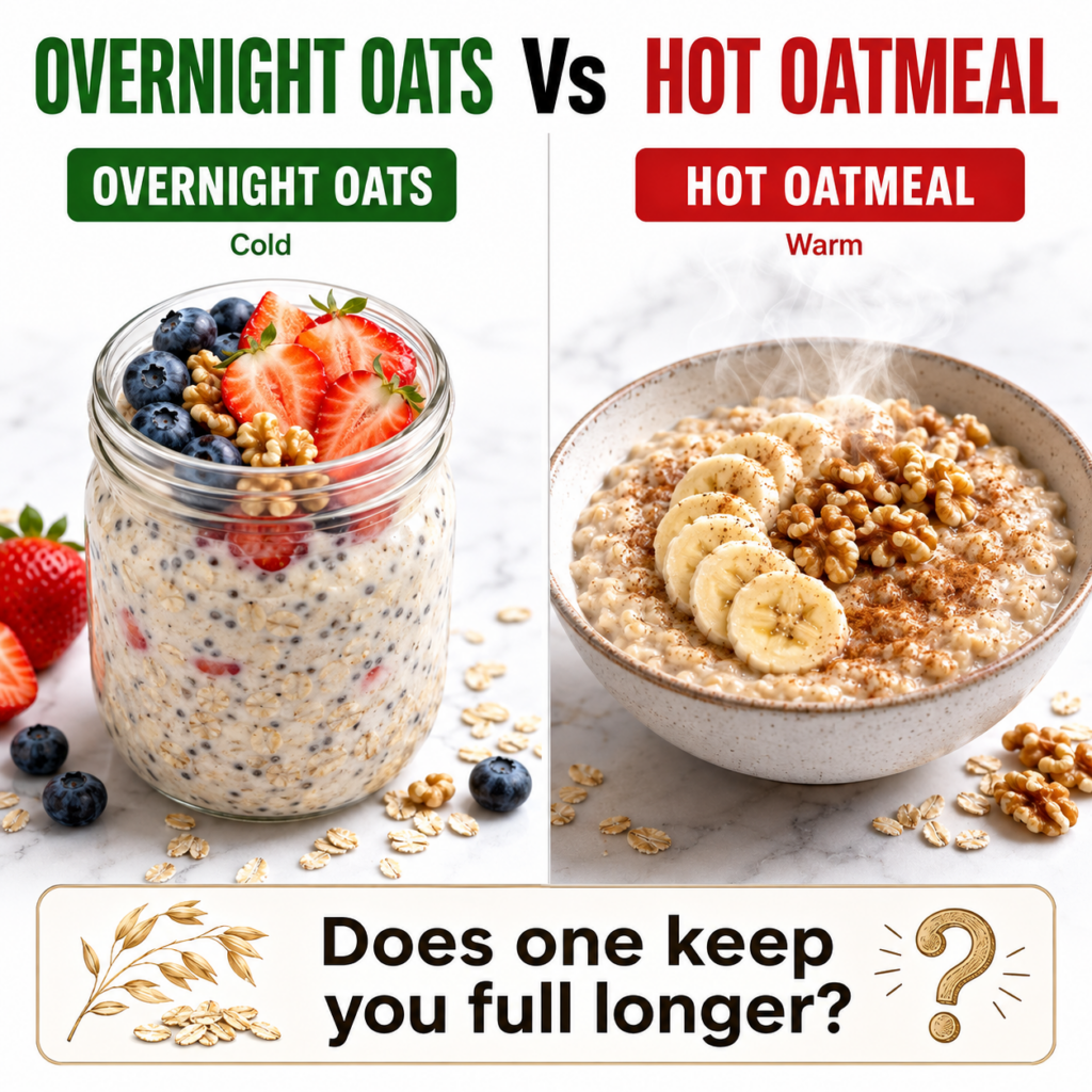 A side-by-side comparison of overnight oats in a glass jar with berries and walnuts and hot oatmeal in a bowl with banan