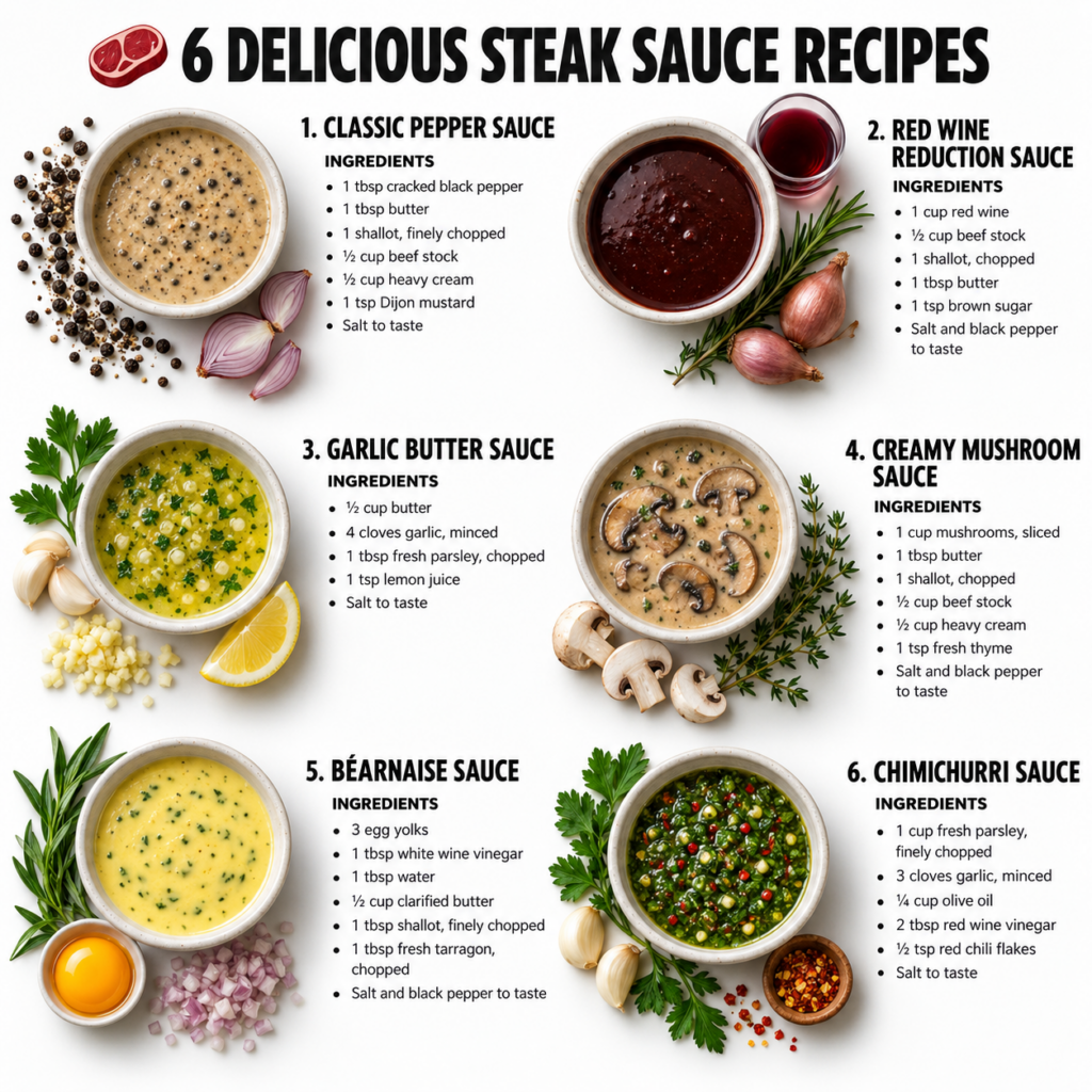 A flat lay of six distinct steak sauce recipes in white ceramic bowls each surrounded by its raw ingredients The sauces