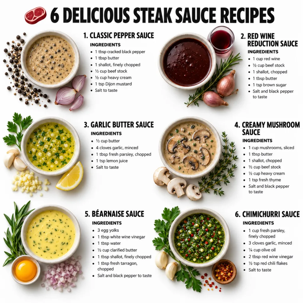 A flat lay of six distinct steak sauce recipes in white ceramic bowls each surrounded by its raw ingredients The sauces 