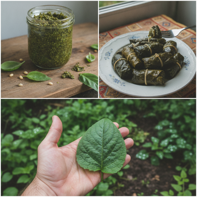 A vertical triptych showing fresh grape leaves a jar of pesto made with basil and pine nuts and a plate of stuffed grape