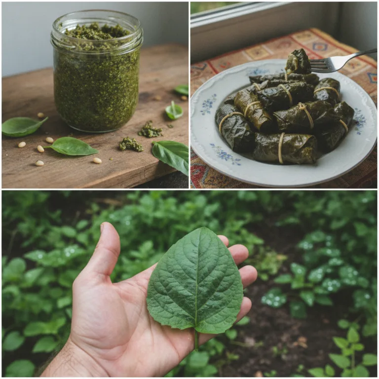 A vertical triptych showing fresh grape leaves a jar of pesto made with basil and pine nuts and a plate of stuffed grape