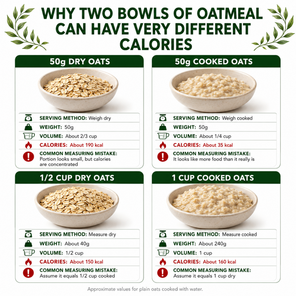 A comprehensive infographic titled WHY TWO BOWLS OF OATMEAL CAN HAVE VERY DIFFERENT CALORIES showing four sections compa