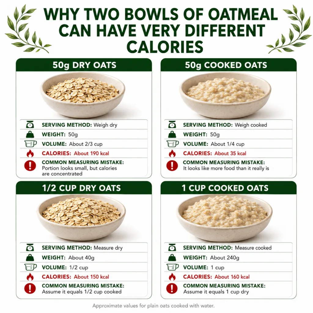 A comprehensive infographic titled WHY TWO BOWLS OF OATMEAL CAN HAVE VERY DIFFERENT CALORIES showing four sections compa