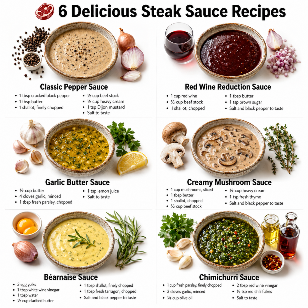 A flat lay image showing six different bowls of steak sauce each surrounded by its key ingredients like peppercorns red 