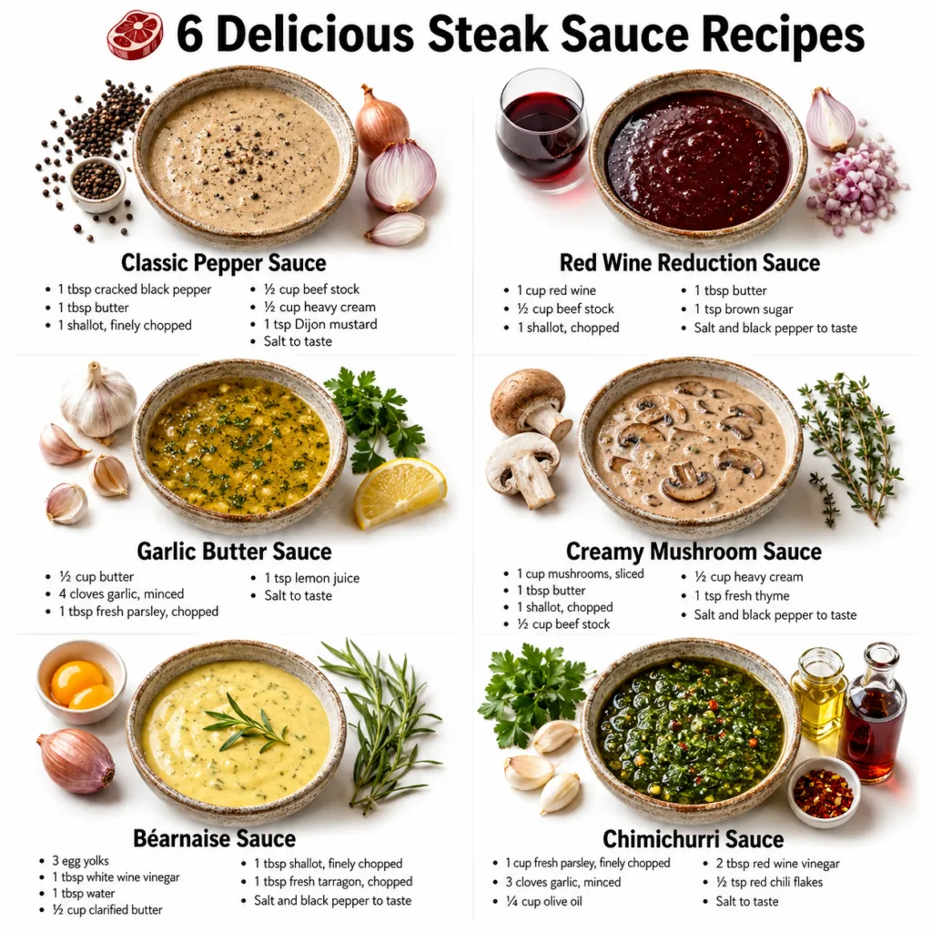 A flat lay image showing six different bowls of steak sauce each surrounded by its key ingredients like peppercorns red