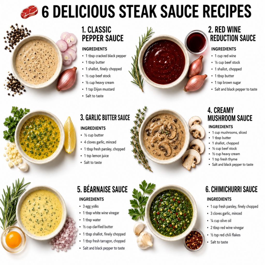 A flat lay of six different steak sauces in white bowls each surrounded by its key fresh ingredients like peppercorns sh