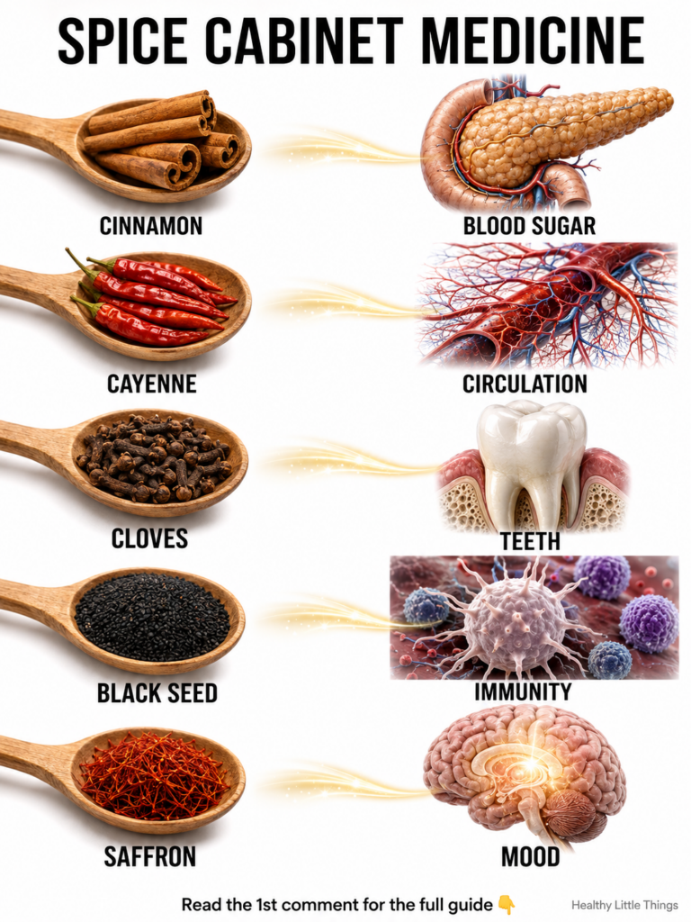 An infographic titled SPICE CABINET MEDICINE showing five common spices cinnamon cayenne pepper cloves black seed saffro