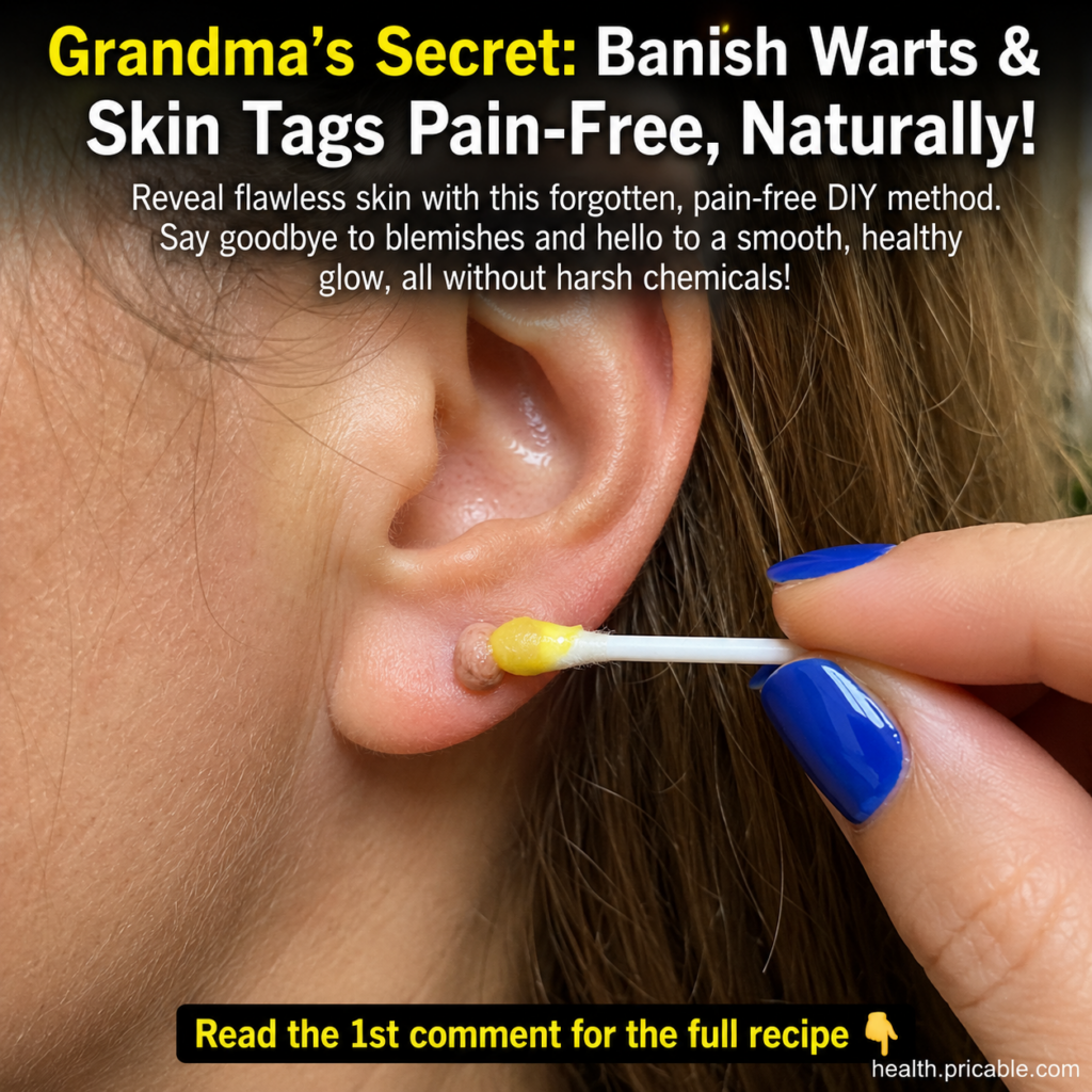 A hand with blue nail polish applies a thick yellow paste with a cotton swab to a small skin tag on an earlobe