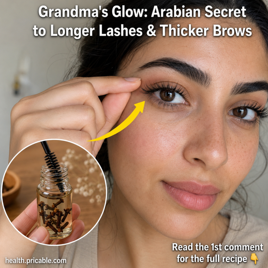 A close-up of a woman s eye with long thick lashes and brows and a small inset bottle of clove-infused oil with a mascar