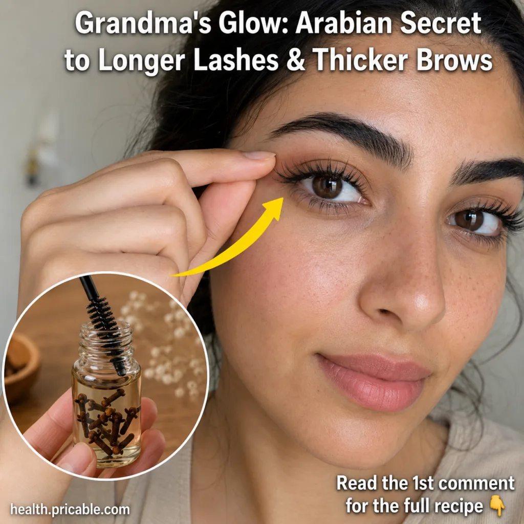 A close-up of a woman s eye with long thick lashes and brows and a small inset bottle of clove-infused oil with a mascar