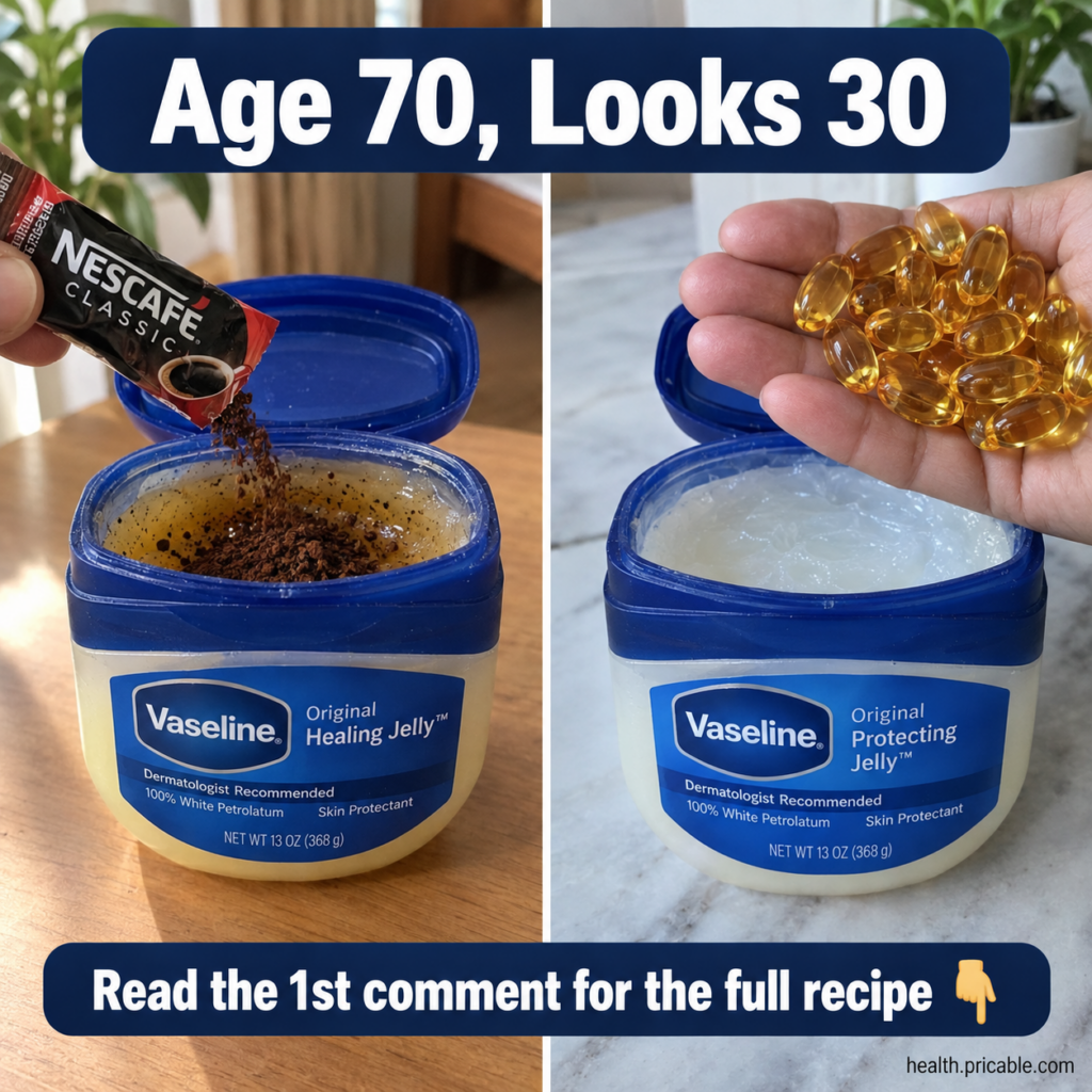 A split image showing a hand adding instant coffee to Vaseline on one side and a hand adding contents from yellow capsul