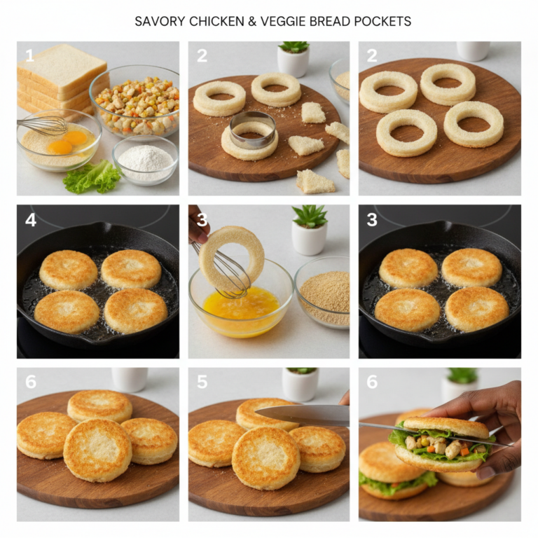 A step-by-step visual guide 3x3 grid for preparing Savory Chicken Veggie Bread Pockets showing ingredients assembly egg 