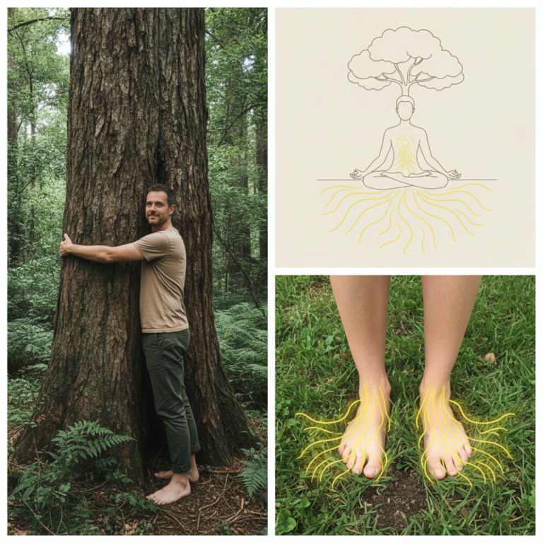 A collage depicting barefoot connection to nature featuring a man hugging a tree a minimalist illustration of a meditati