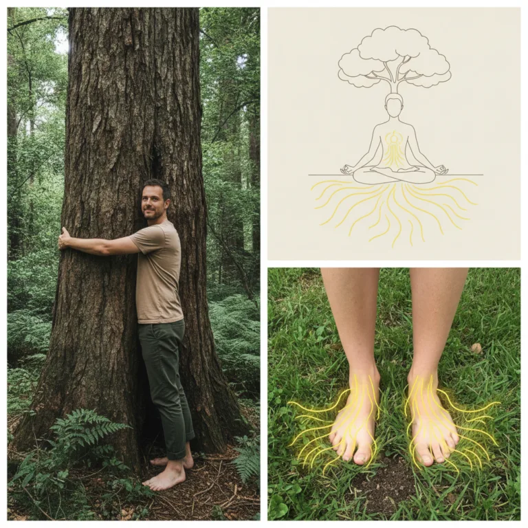 A collage depicting barefoot connection to nature featuring a man hugging a tree a minimalist illustration of a meditati