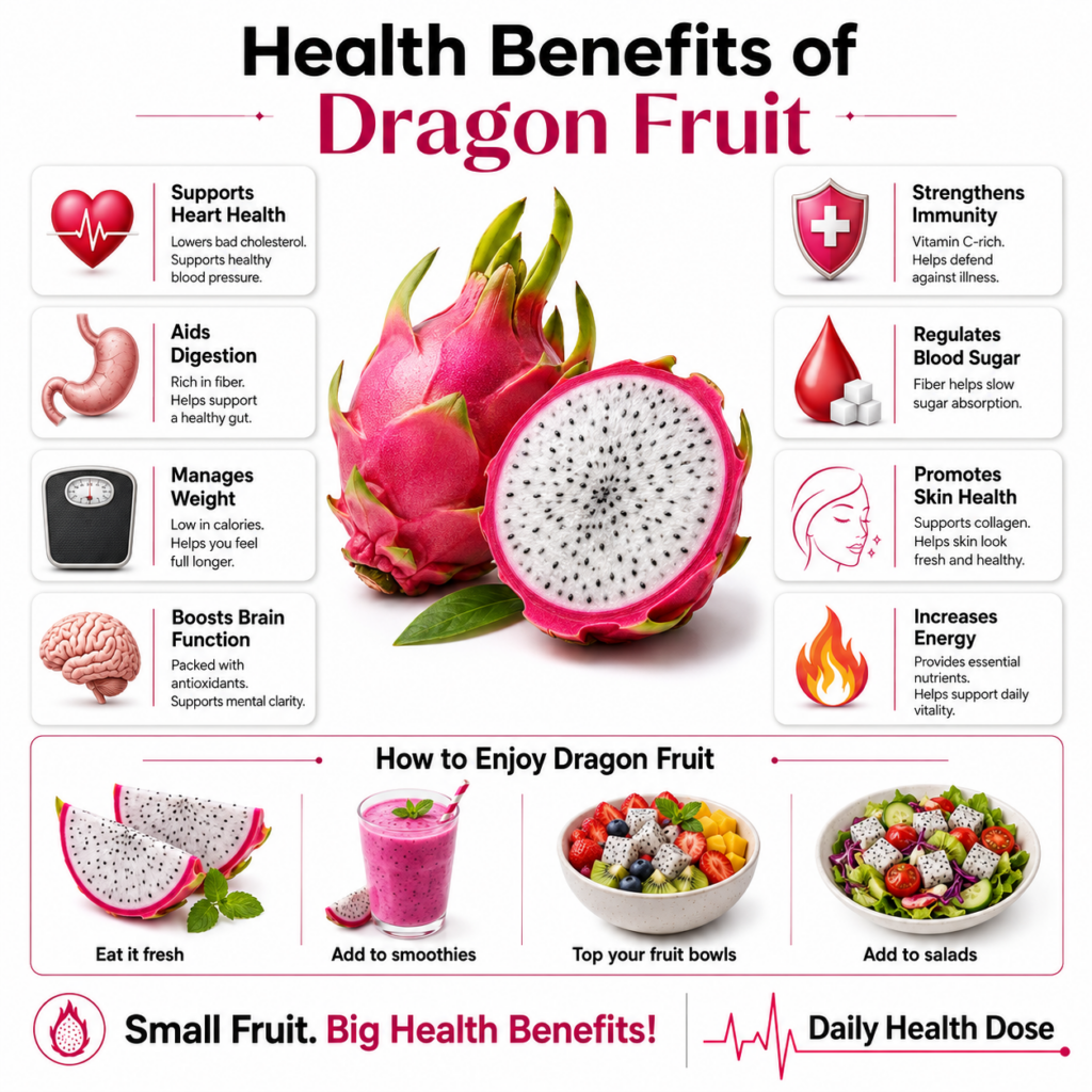 A whole and halved vibrant pink dragon fruit showcasing its white flesh with tiny black seeds surrounded by icons repres