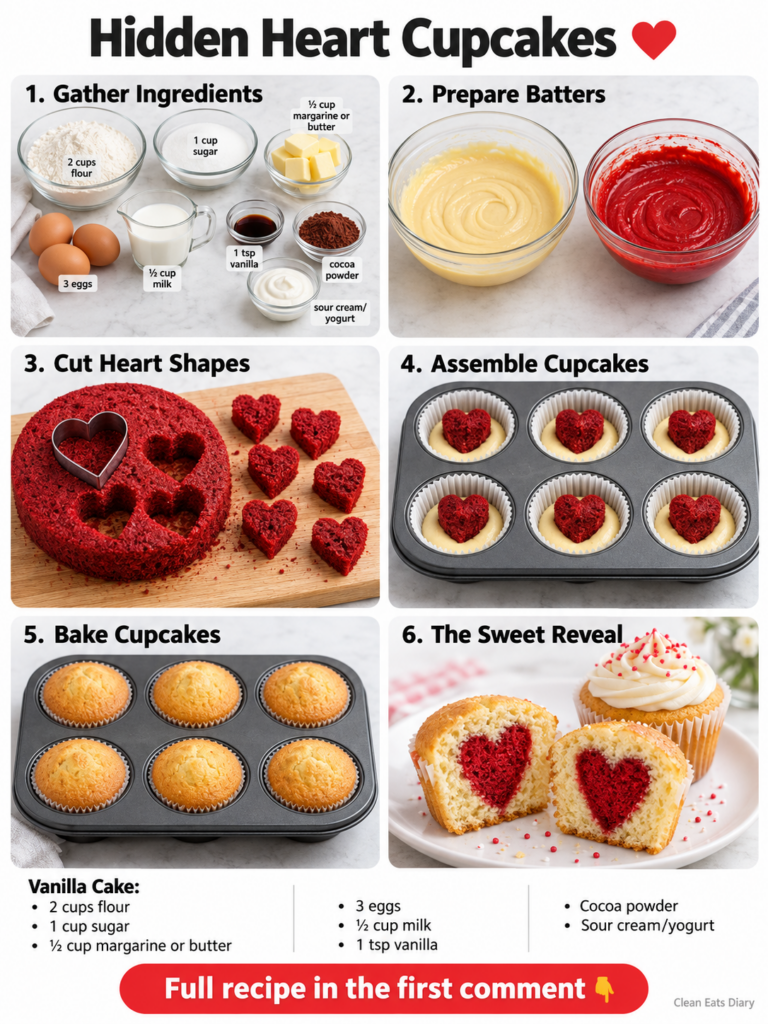 A perfectly baked vanilla cupcake cut in half to reveal a vibrant red heart shape baked inside The cupcake is frosted wi