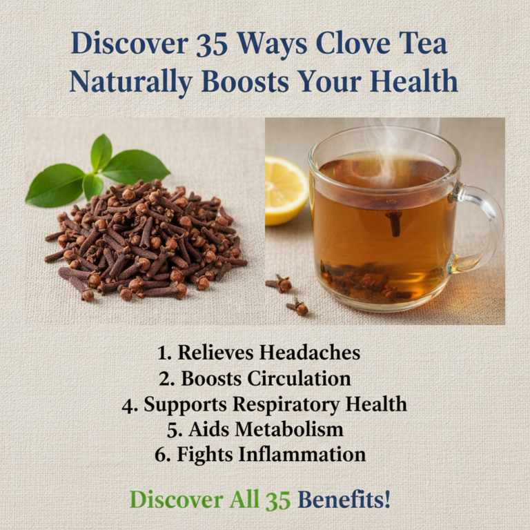 A steaming clear mug of clove tea with a lemon slice and a few green leaves surrounded by a pile of dried cloves on a be