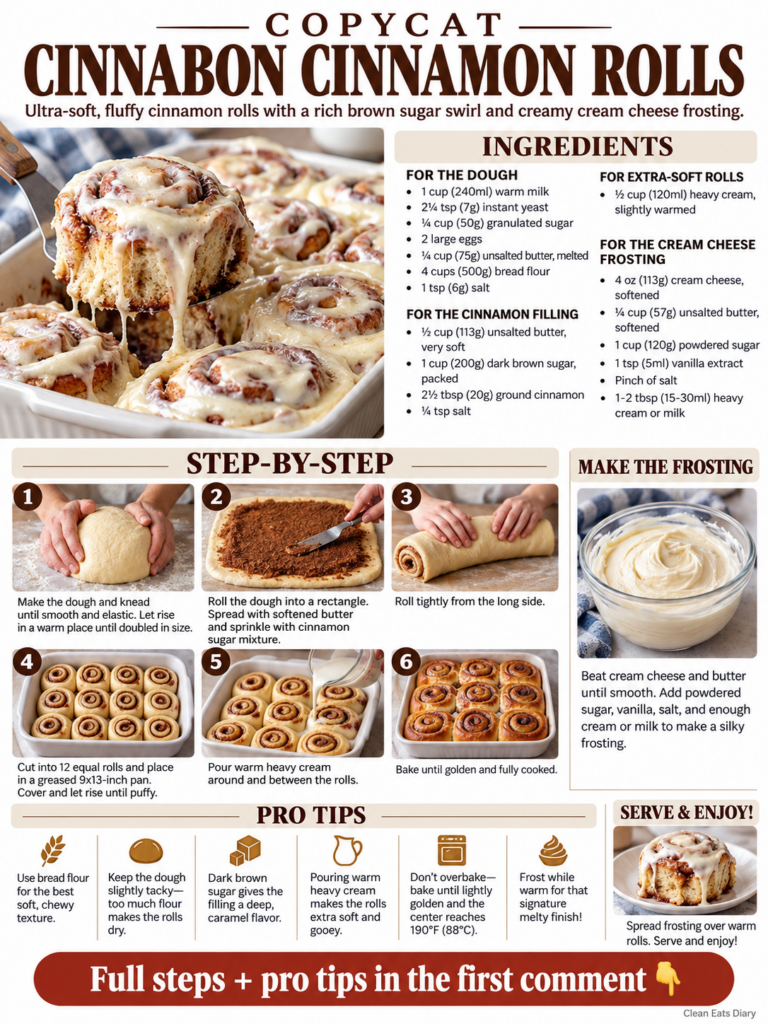 Warm gooey Copycat Cinnabon cinnamon rolls generously covered with cream cheese frosting served in a ceramic baking dish