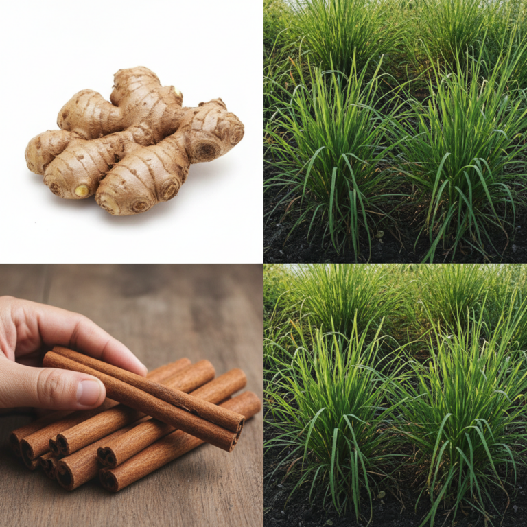 A four-panel collage showcasing fresh ginger roots vibrant green lemongrass plants in soil and cinnamon sticks with a ha