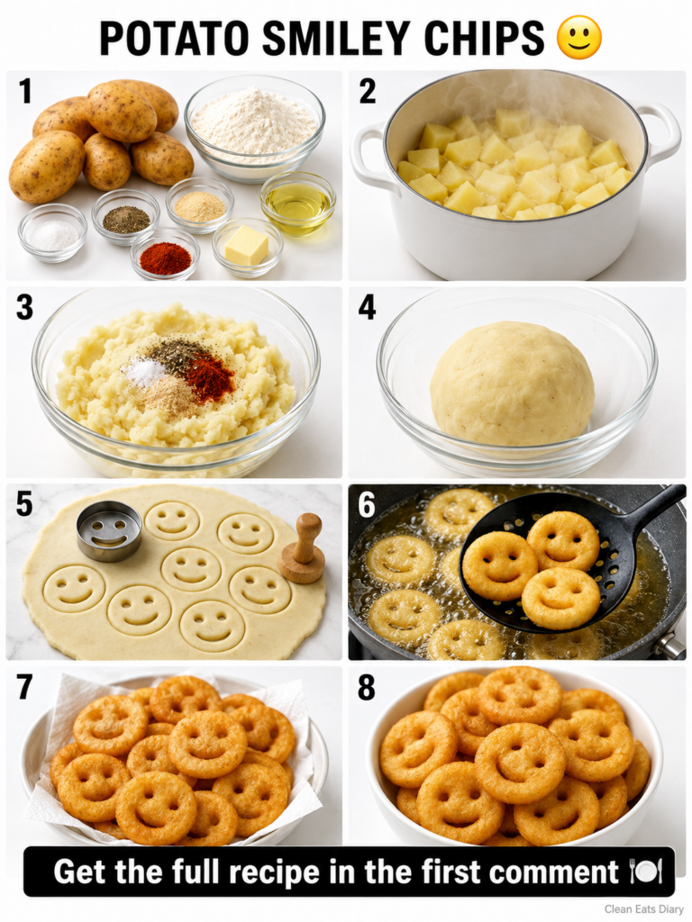 A plate of golden-brown crispy potato smiley chips perfectly fried and stacked with a playful happy expression Served wi