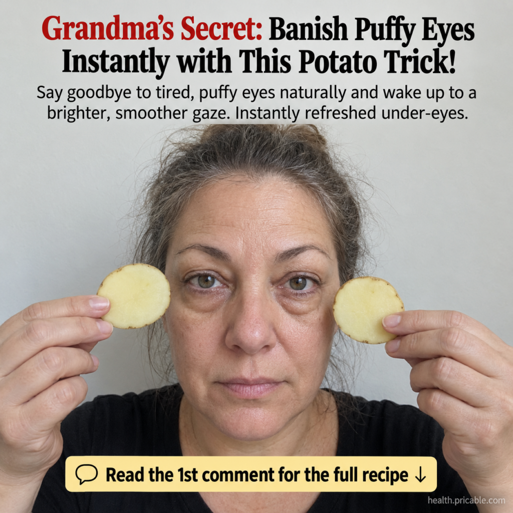 A woman gently holding thin slices of raw potato under her eyes to reduce puffiness looking at the camera with a neutral