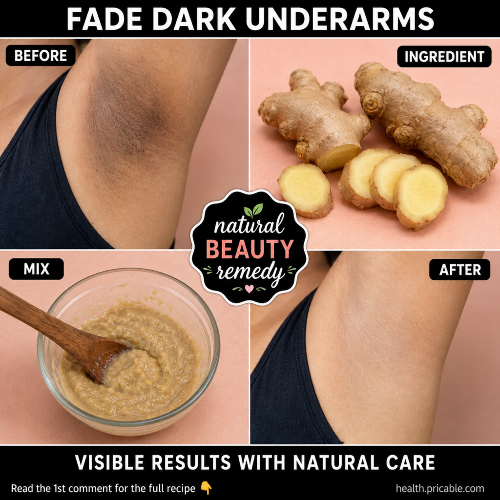 A four-panel collage showing the before and after of dark underarms treated with ginger with an ingredient panel featuri