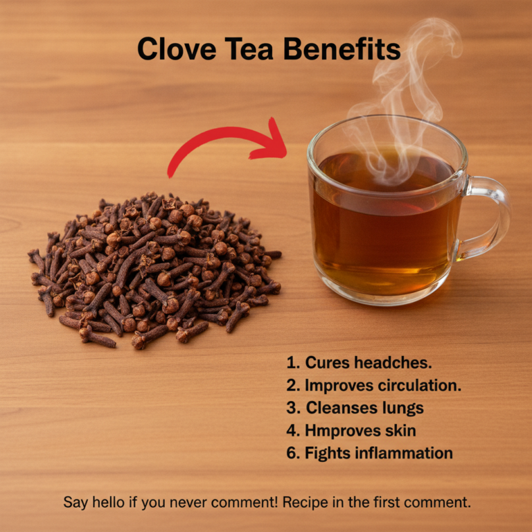 A flat lay showing dried cloves on the left an arrow pointing to a steaming glass mug of amber clove tea on the right al