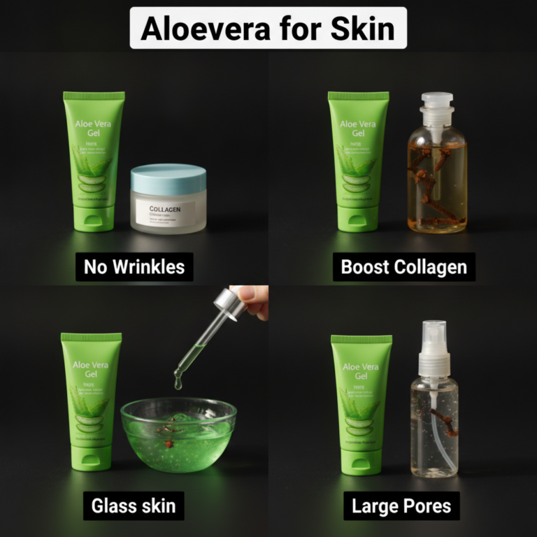 A four-panel grid showing various skincare applications of aloe vera gel Top-left Aloe vera gel tube collagen cream jar 