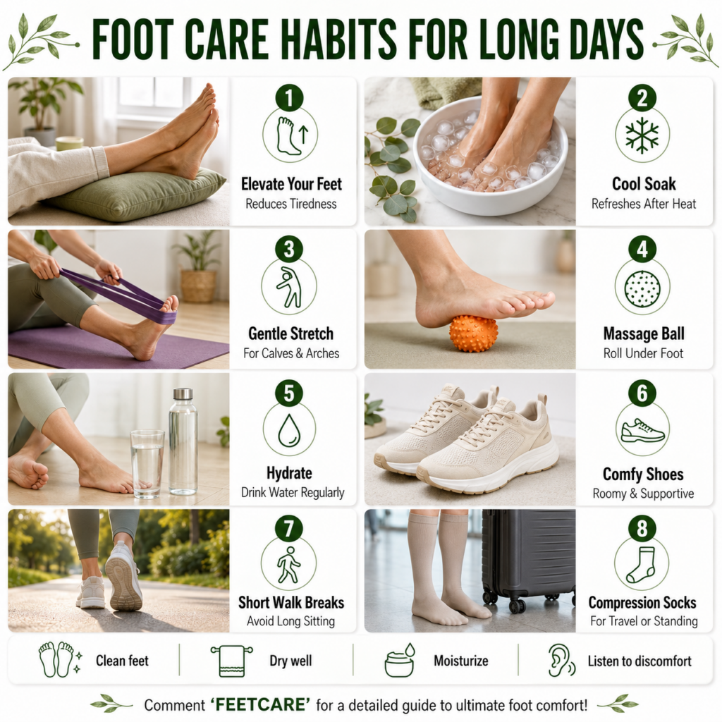 Infographic showing various foot care habits like stretching massage soaking hydration elevation supportive shoes compre