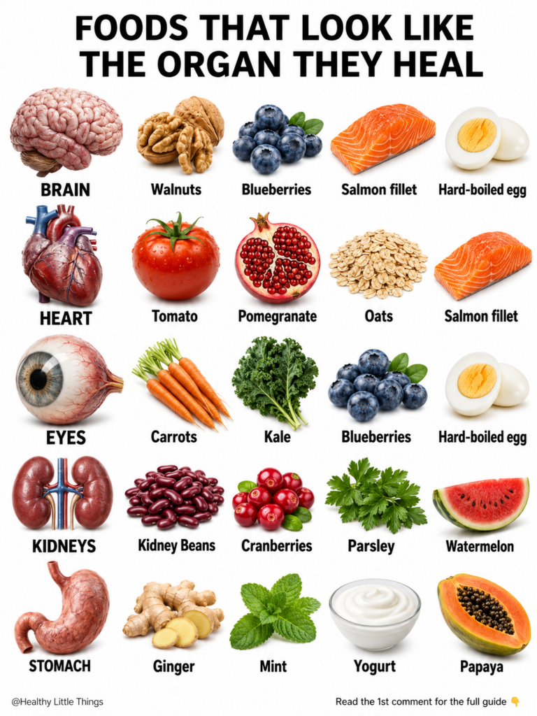 An infographic showing five human organs brain heart eyes kidneys stomach each paired with natural foods that resemble t