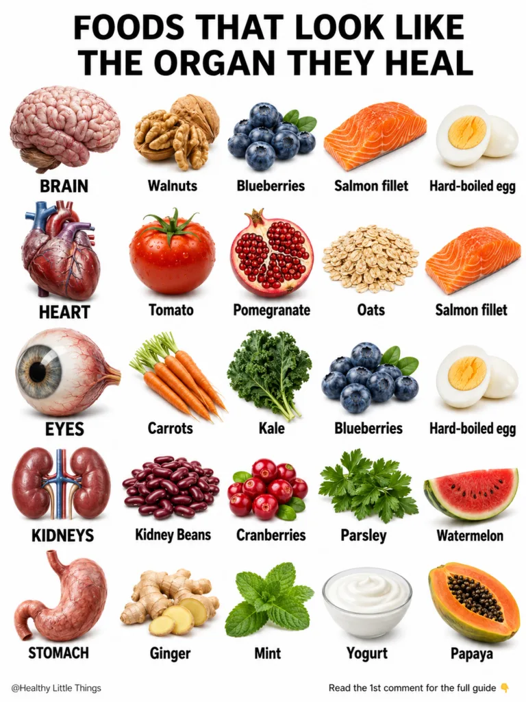 An infographic showing five human organs brain heart eyes kidneys stomach each paired with natural foods that resemble t
