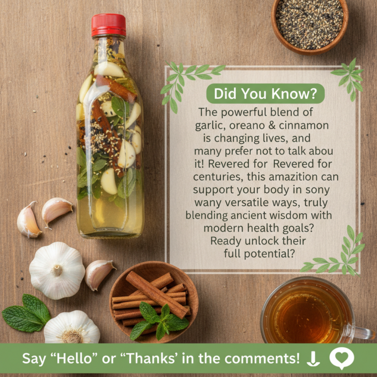 A flat lay of garlic oregano and cinnamon with a central glass bottle containing an herbal infusion surrounded by fresh 