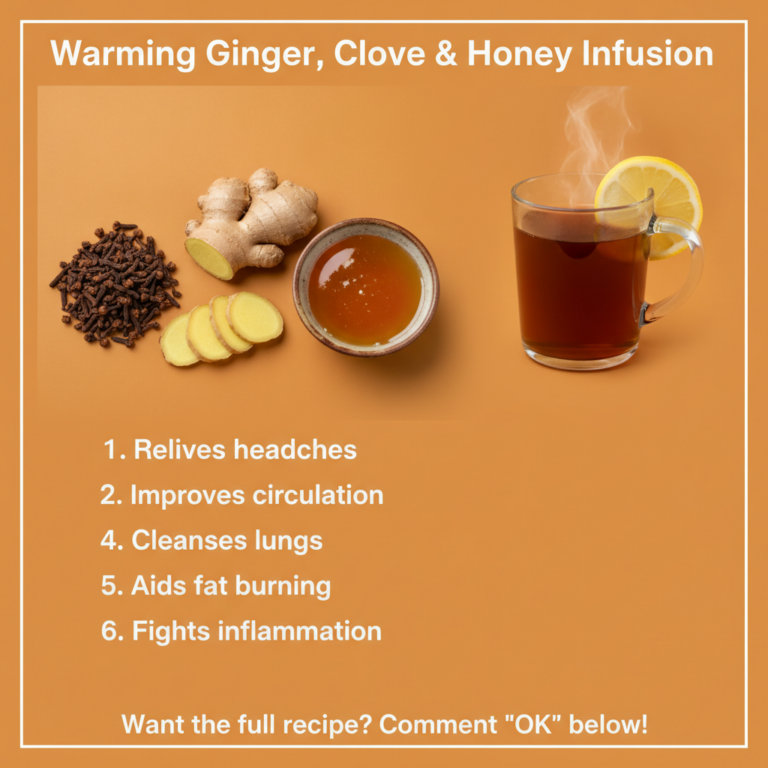 A flat lay of ginger root ginger slices dried cloves a bowl of honey and a steaming mug of ginger clove and honey infusi